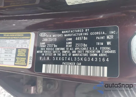 2019 Kia Optima Lx from USA, damaged, VIN 5XXGT4L35KG343164